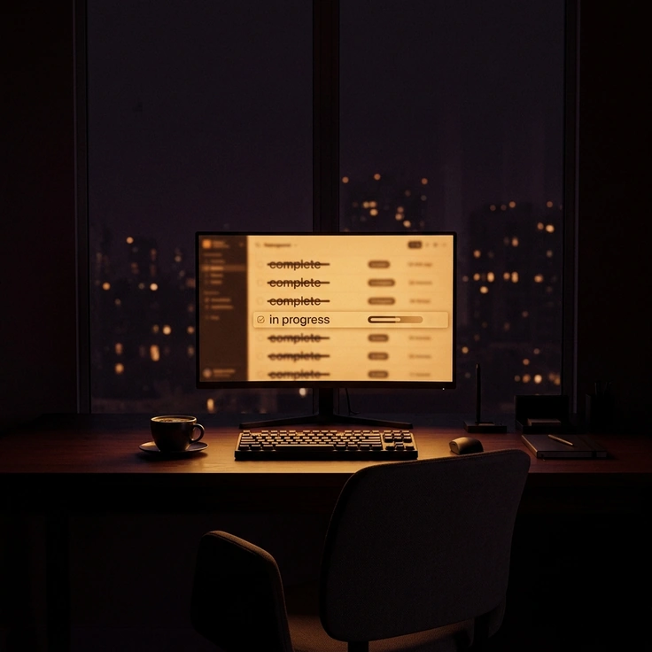 An empty desk at night with the work still running