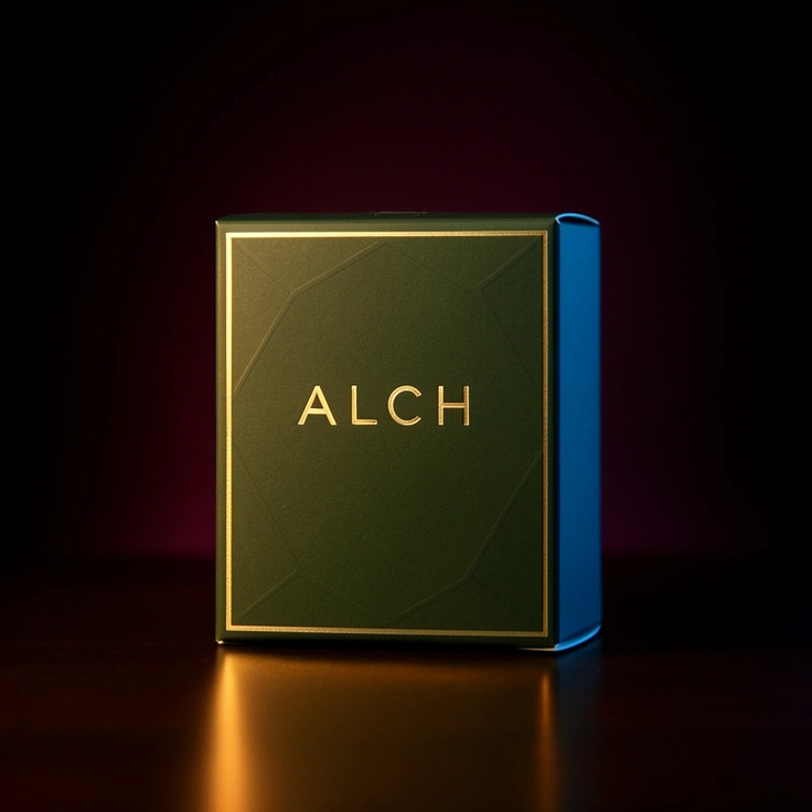 A branded product standing lit on a dark set
