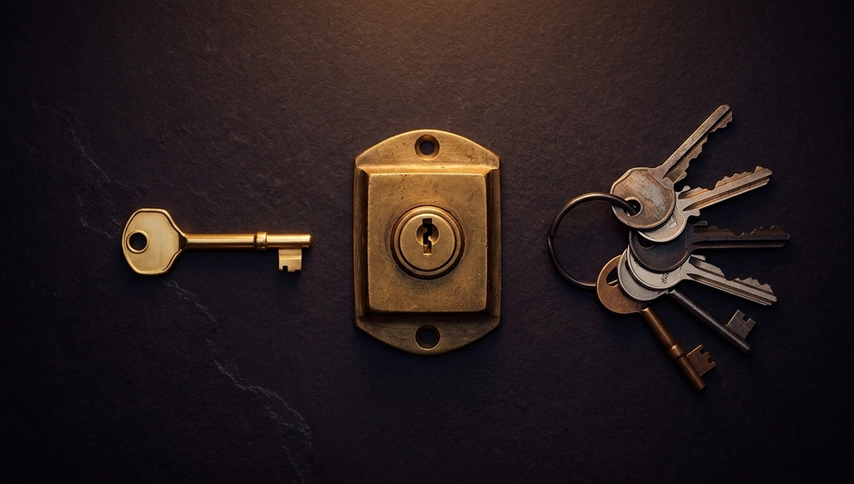 One brass key and a ring of other keys, both reaching the same lock