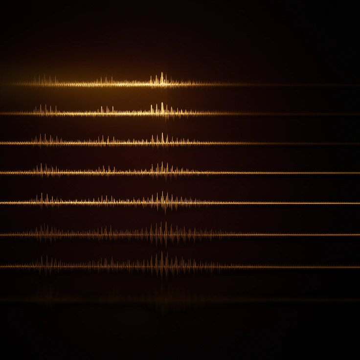 One recorded voice repeated identically, running on without the speaker