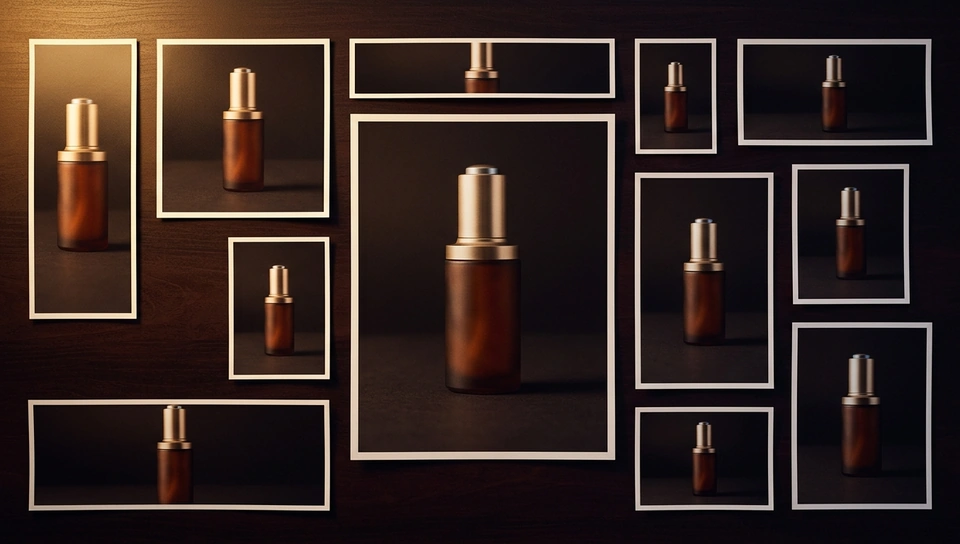 One product shot printed at every platform size, laid out on a table