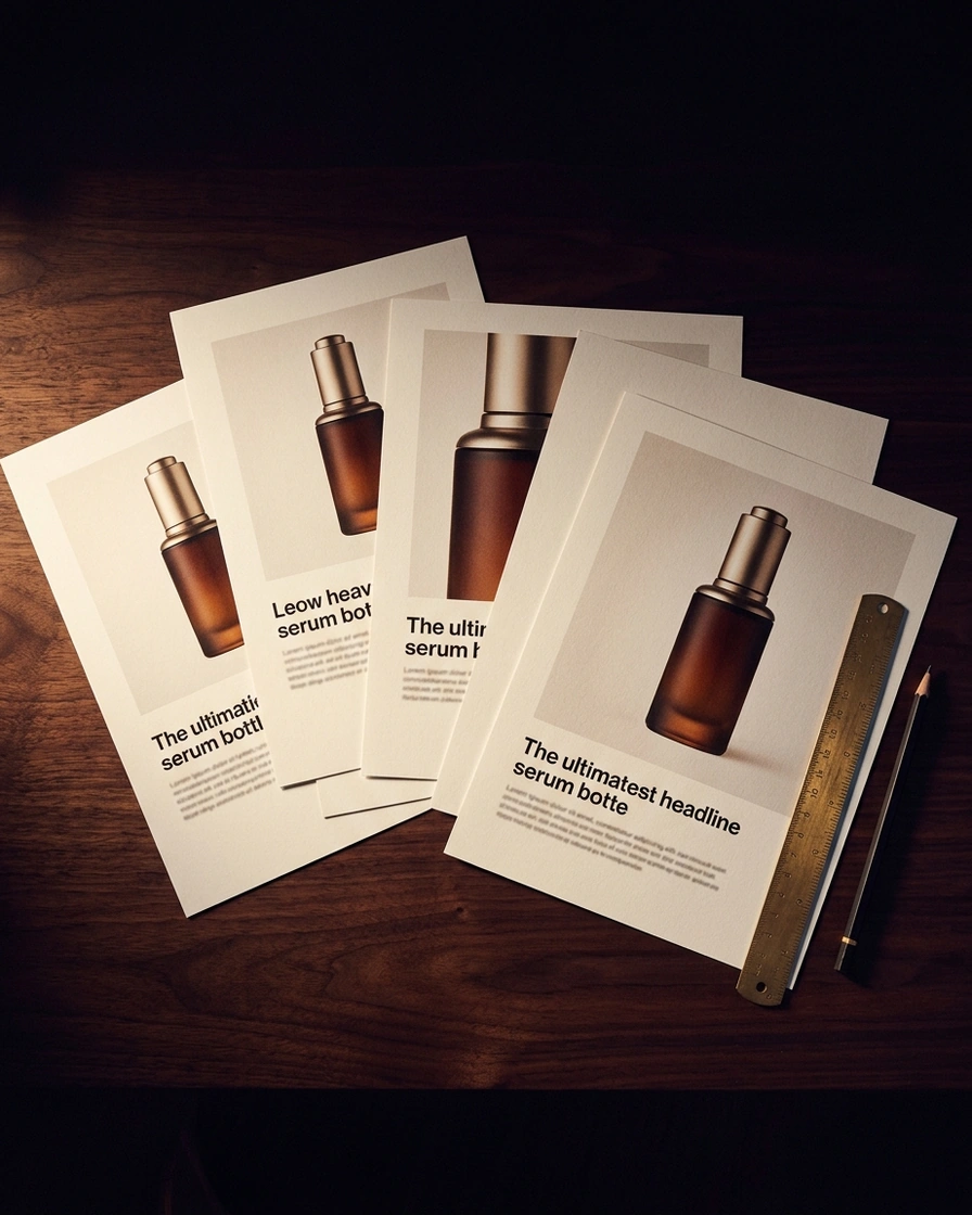 Printed campaign proofs, each a slightly different version of the same brief